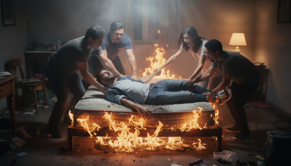un matelas prend feu pendant le sommeil d'un jeune homme, qui est sauvé in extremis par ses voisins alertes, évitant ainsi une asphyxie dramatique.